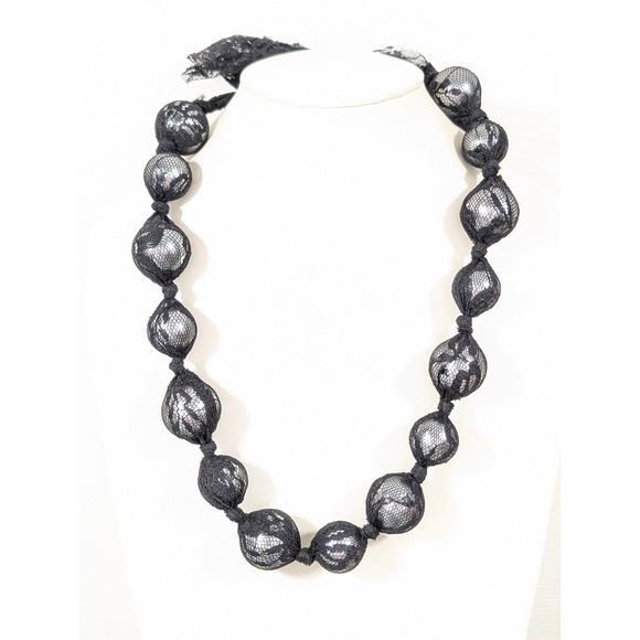 Gray Glass Faux Pearl Necklace Black Lace Tie Back Gothic Romantic Statement 26" - Picture 2 of 10